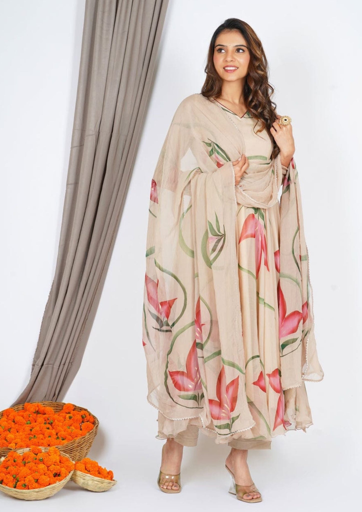 Cream Floral Printed Anarkali Gown With dupatta and Pant Set