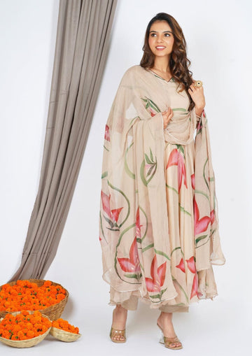 Cream Floral Printed Anarkali Gown With dupatta and Pant Set