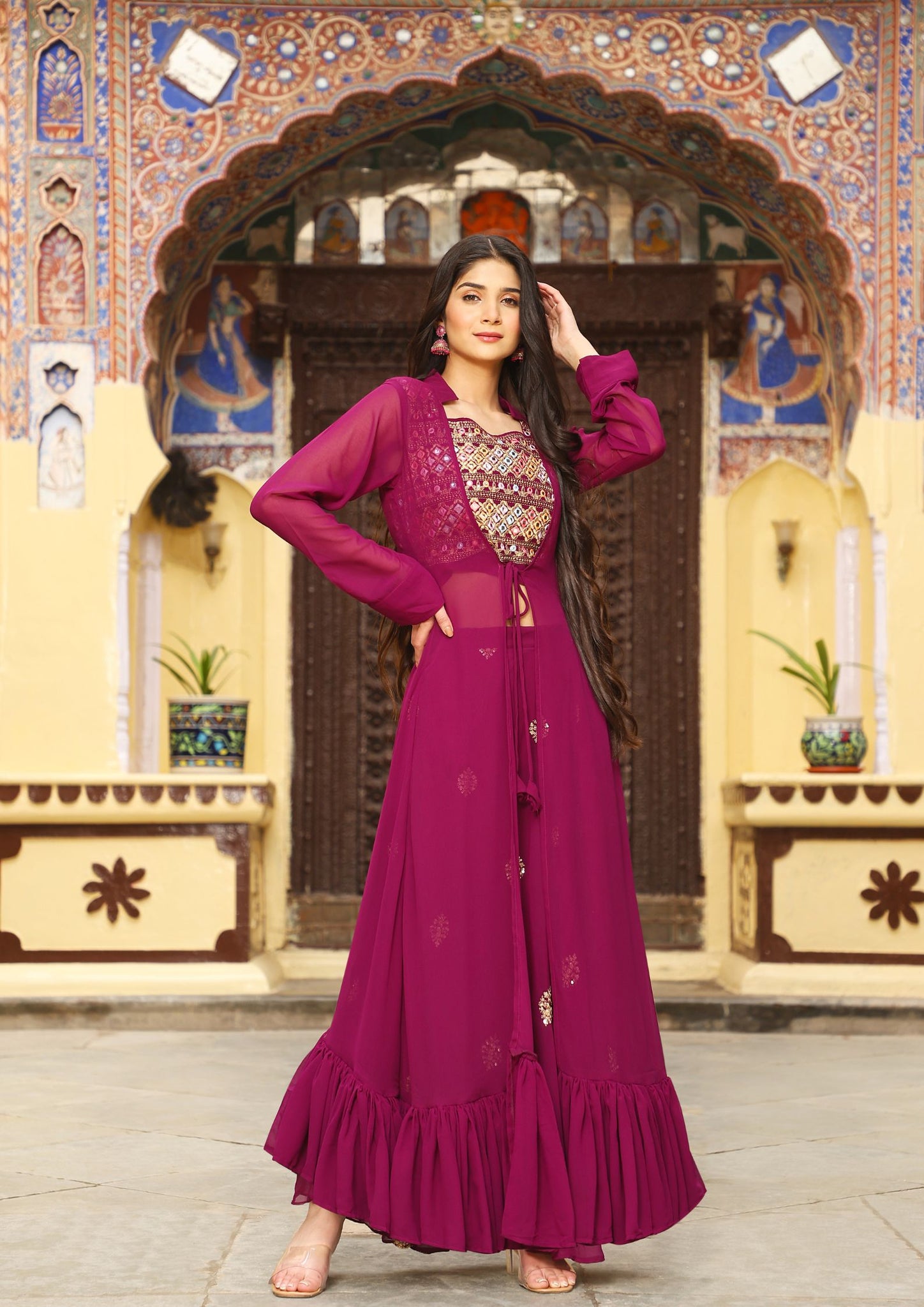 Wine Color Latest Design With Blouse, Shrug and Ghaghara set