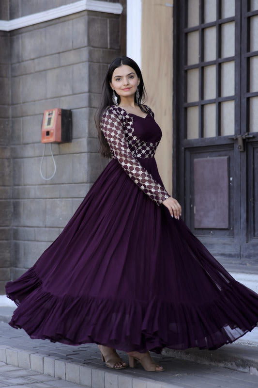 Classic Designer Wine Color Embroidery Gown