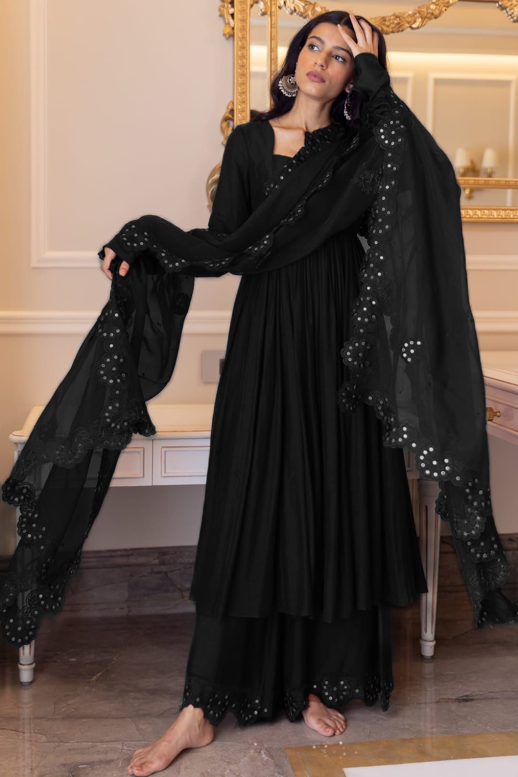 Black Color Anarkali Top With Palazzo And Dupatta