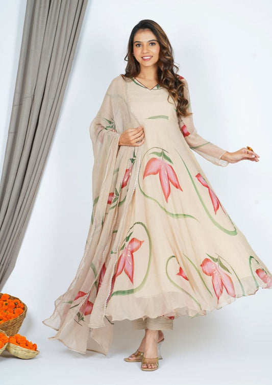 Cream Floral Printed Anarkali Gown With dupatta and Pant Set