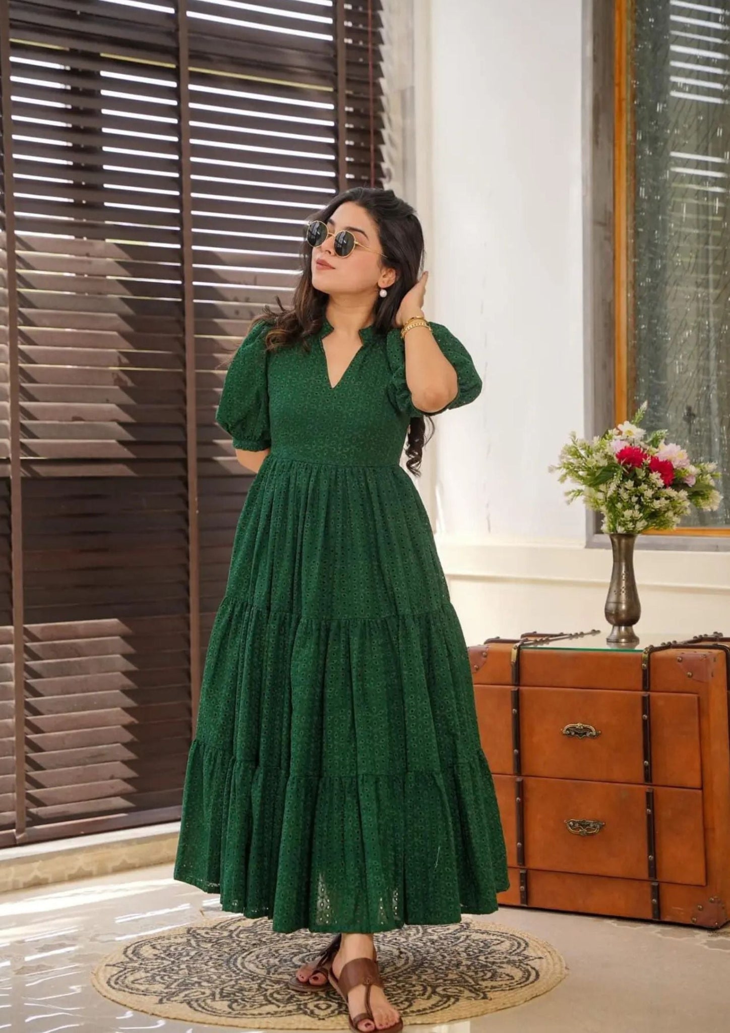 Green Color Chikankari  Anarkali Gown