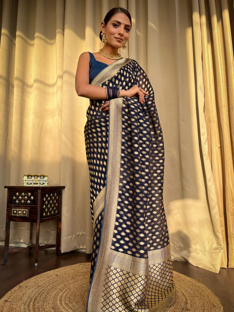 Elegantly decorated with gorgeous Solid Jacquard weave that gives a perfect look to the outfit Blue Colour