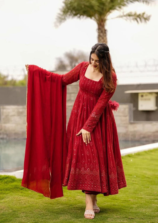 Red Party wear Embroidered Anarkali Kurta Set