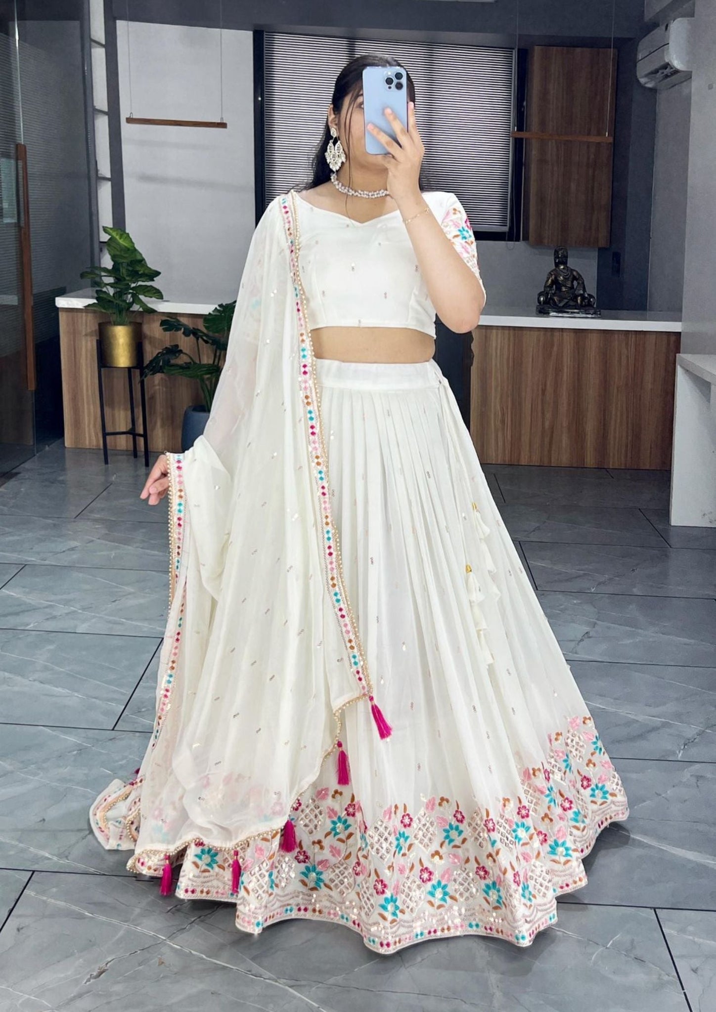 Classical Off White Embroidery Lehenga Choli