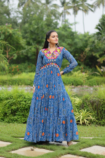 Festive Bandhani Print Faux Georgette Gown with Kutchi Patchwork – Full Sleeves Blue Color