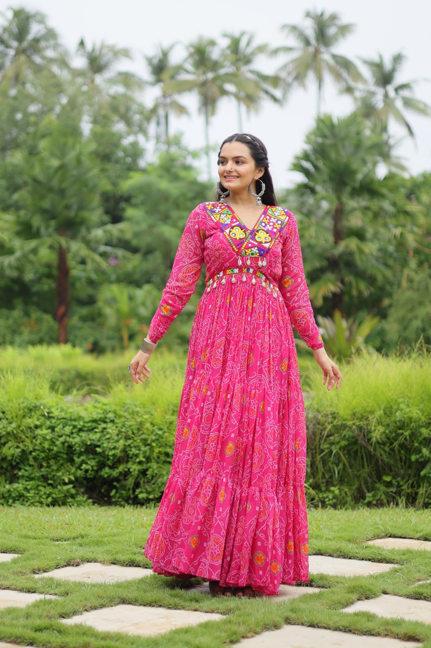 Festive Bandhani Print Faux Georgette Gown with Kutchi Patchwork – Full Sleeves Pink Color