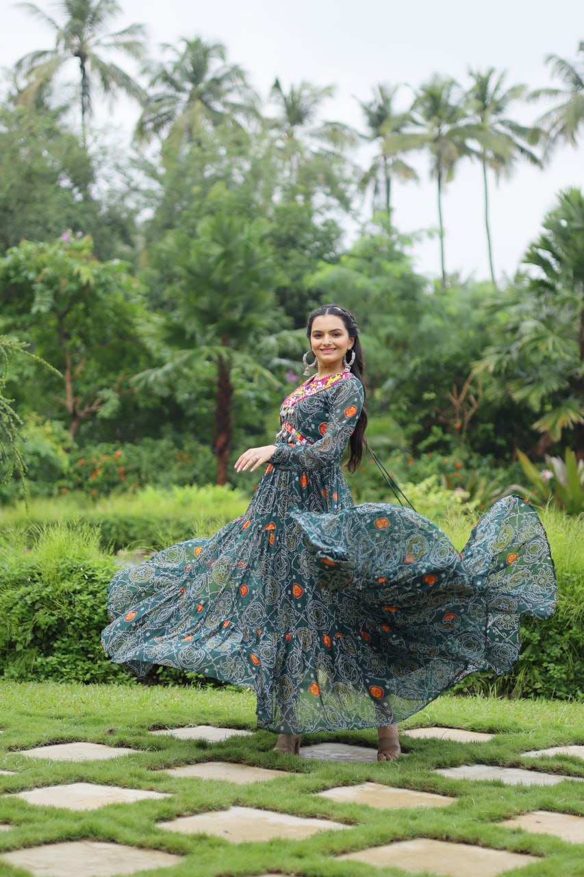 Festive Bandhani Print Faux Georgette Gown with Kutchi Patchwork – Full Sleeves Teal Green Color