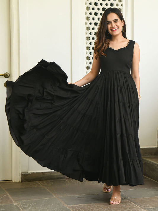 Black Color Sleeveless Anarkali Frill Gown