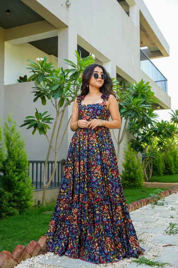 Multi Color Printed Long Sleeveless Gown