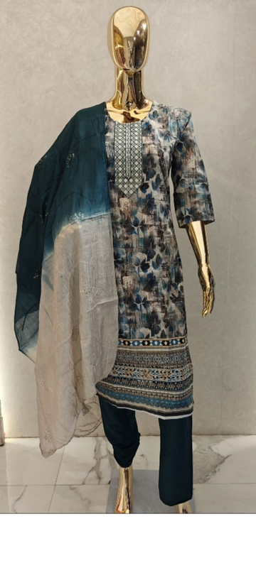 Women's Printed Cotton Anarkali Kurta & Pant With Dupatta Set embroidery Work