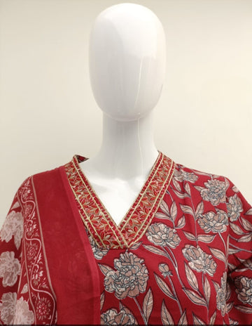 Women's Printed Cotton Anarkali Kurta & Pant With Dupatta Set