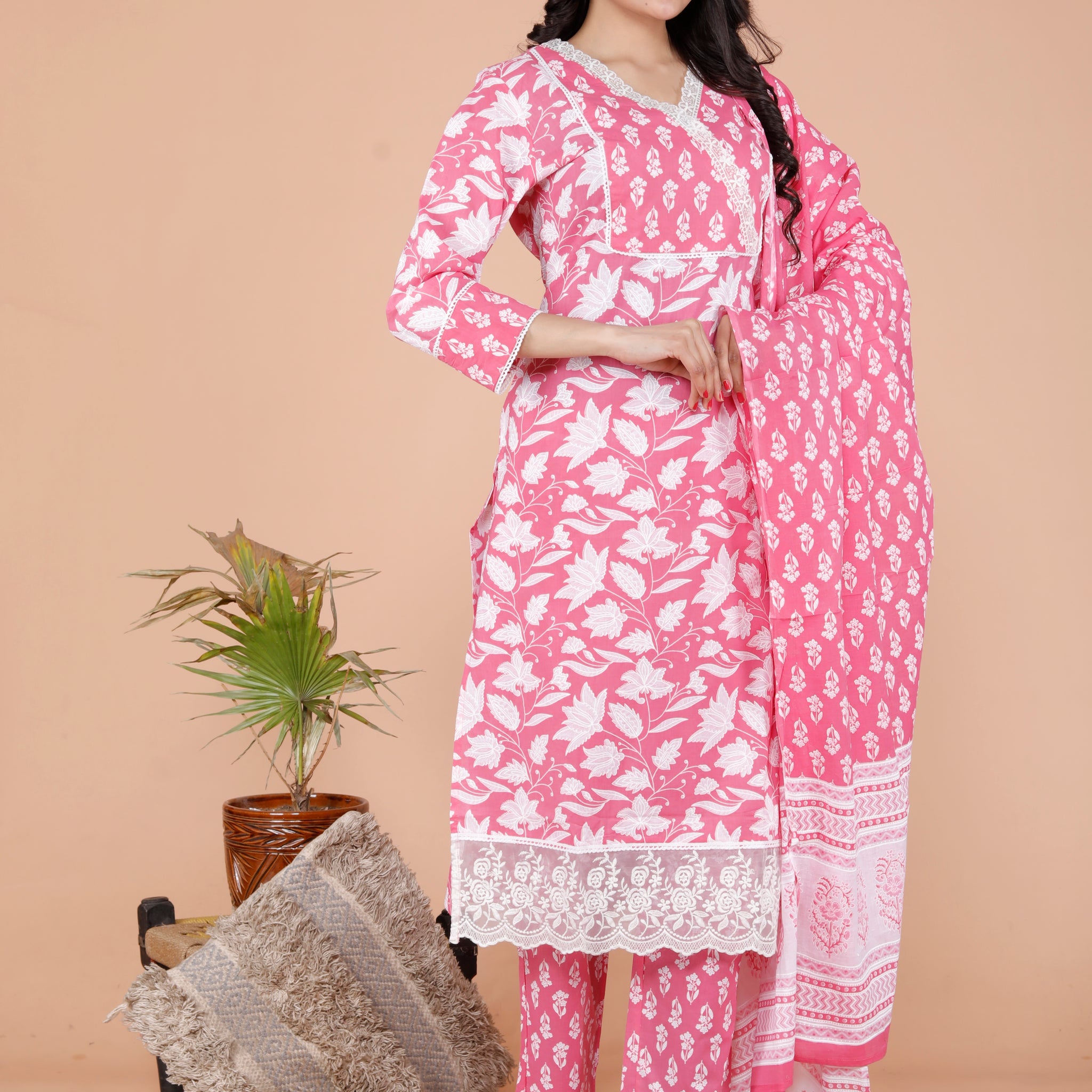 Women's Printed Cotton Anarkali Kurta & Pant With Dupatta Set - Bandhani Gajri