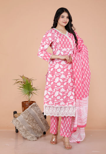 Women's Printed Cotton Anarkali Kurta & Pant With Dupatta Set - Bandhani Gajri