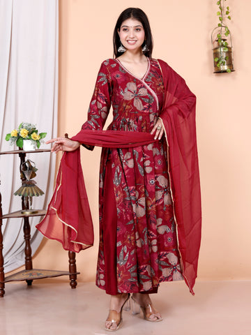 Red Pure Cotton Anarkali Kurta & Pant With Dupatta Set