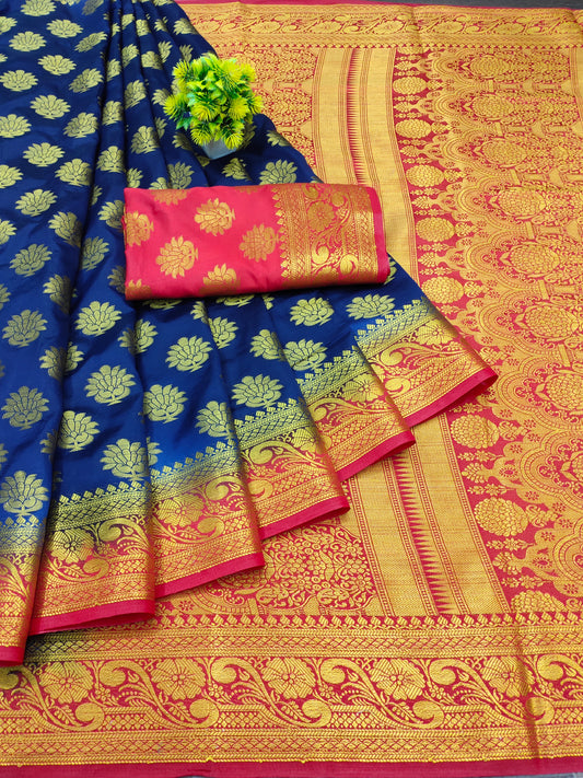 Women's Zari Woven Kanjivaram Sarees With Unstitched Blouse Piece