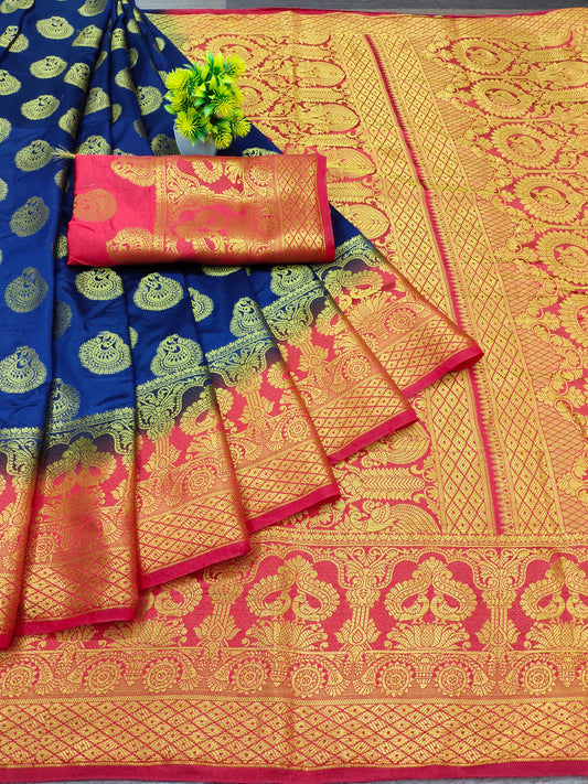 Women's Zari Woven Kanjivaram Sarees With Unstitched Blouse Piece