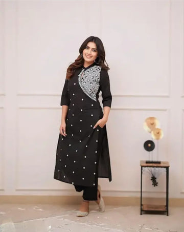 Elegant Black Embroidered Kurti with Palazzo Set Black Color