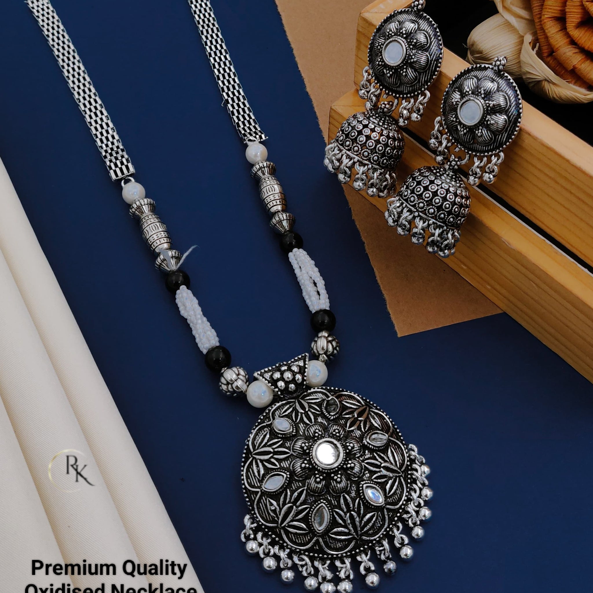 Heritage Charm Oxidized Necklace with Jhumkas