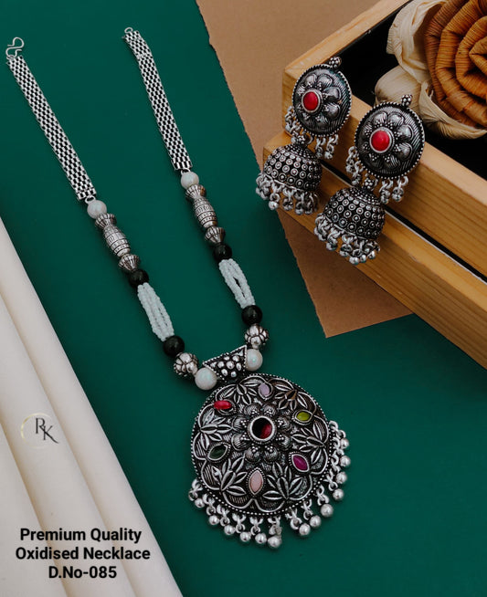 Heritage Charm Oxidized Necklace with Jhumkas