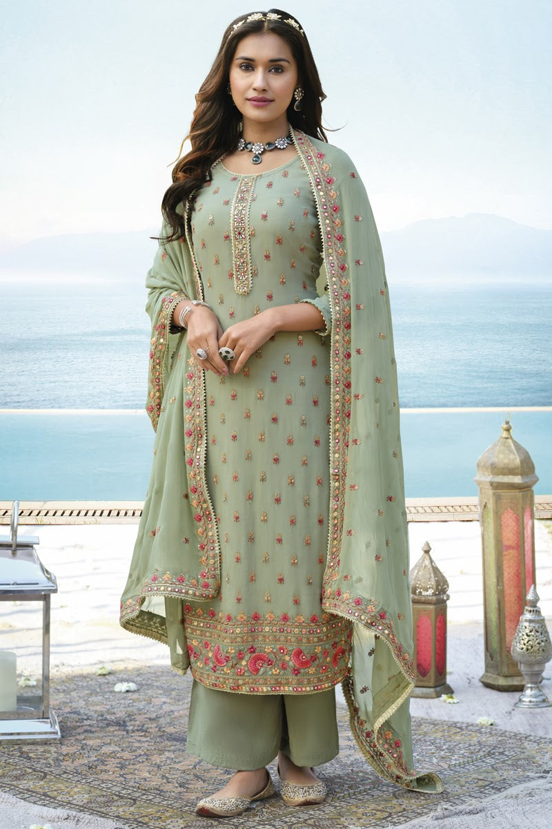 Incredible Light Green Pant Style Suit Dupatta Sets