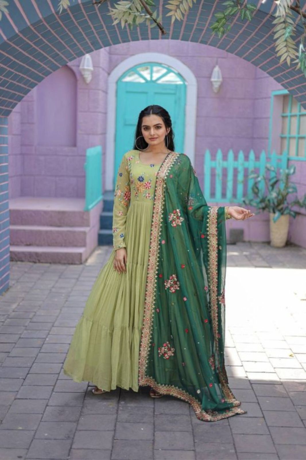 Green Colour Georgette Emroydery Gown