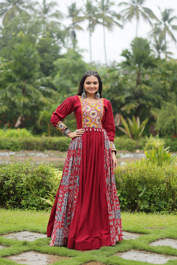 Designer Heavy Maroon Gown Made From Heavy Rayon With Contrast of Printed Rayon Fabric in Flair and Kutchi Gamthi Lace..