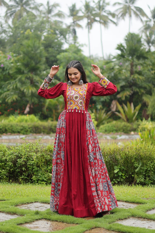 Designer Heavy Maroon Gown Made From Heavy Rayon With Contrast of Printed Rayon Fabric in Flair and Kutchi Gamthi Lace..