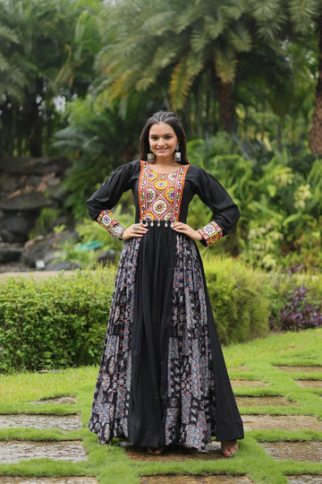 Designer Heavy Black  Gown Made From Heavy Rayon With Contrast of Printed Rayon Fabric in Flair and Kutchi Gamthi Lace..