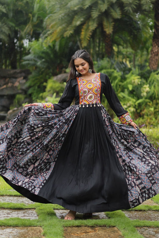 Designer Heavy Black  Gown Made From Heavy Rayon With Contrast of Printed Rayon Fabric in Flair and Kutchi Gamthi Lace..