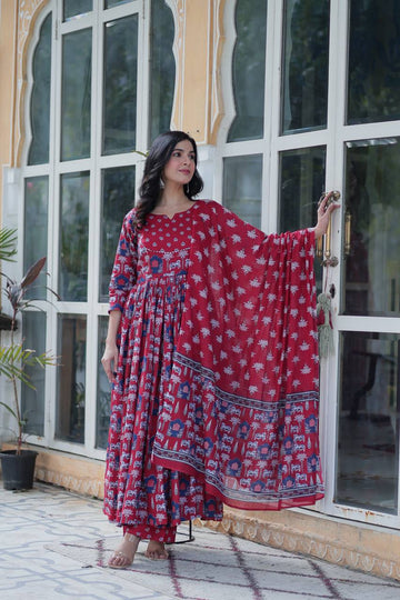 Premium Readymade Kurti With Pant & Dupatta Set Red Colour